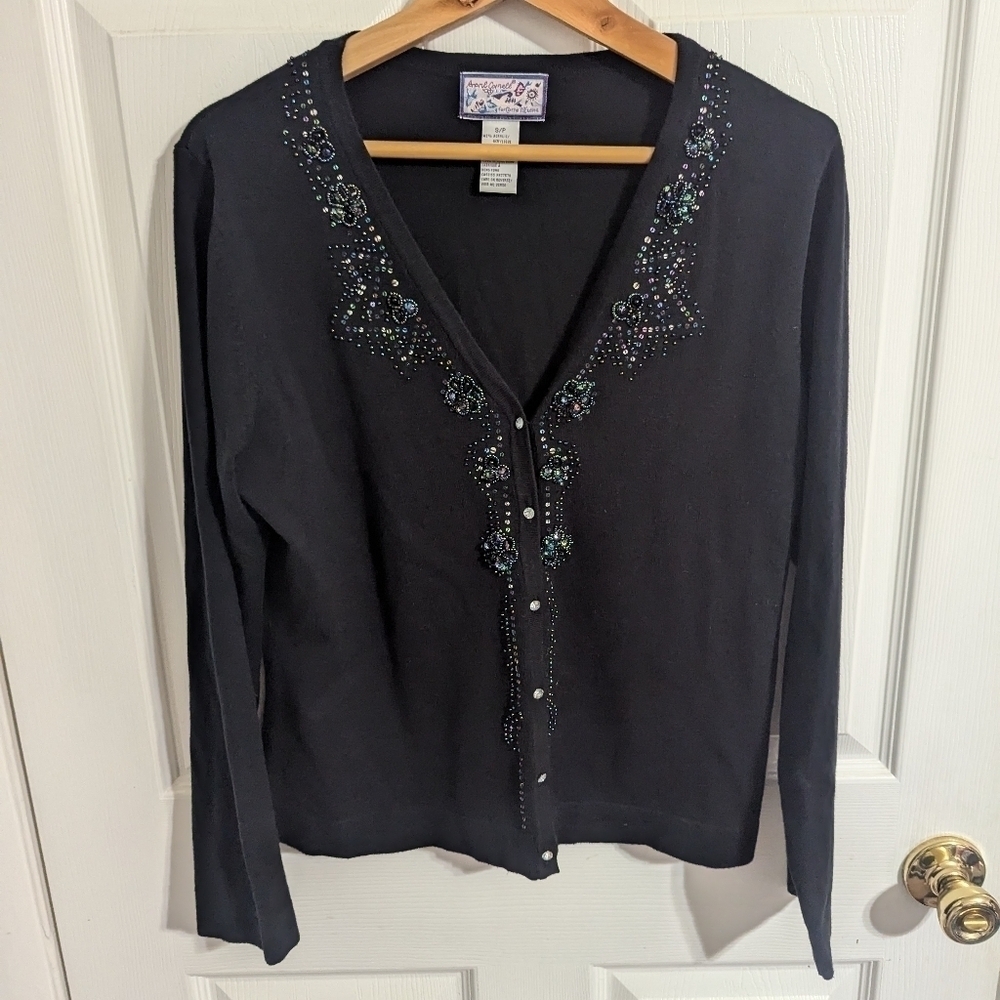 April Cornell Womens Sweater Size Small Black Cardigan Beads